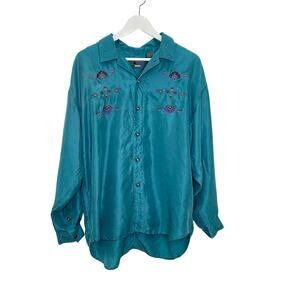 Vintage Liz Claiborne Size L Aqua Blue Silk Floral Embroidered Oversized Shirt